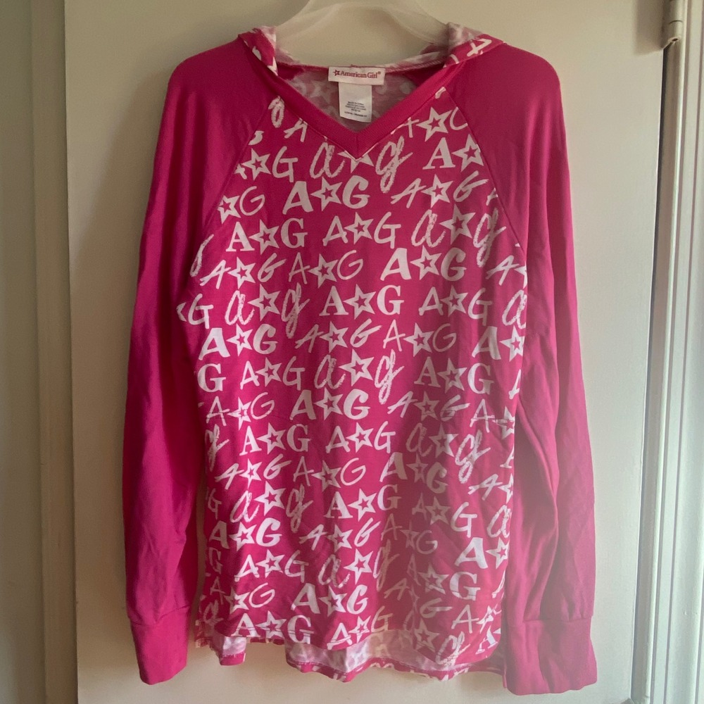 American Girl Kids Pink AG Stars‎ & Letters Hoodie Sweatshirt Size L 14/16